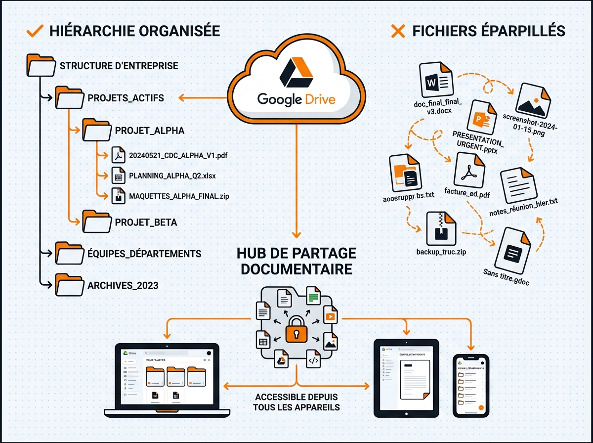 Google Drive hub central - cloud avec documents accessibles depuis ordinateur tablette et smartphone